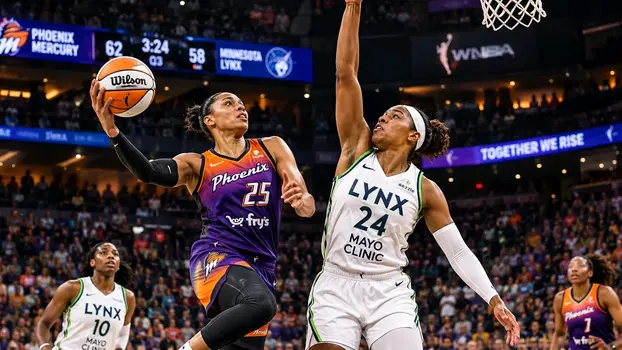 Phoenix Mercury player drives against Minnesota Lynx defender during a WNBA basketball game