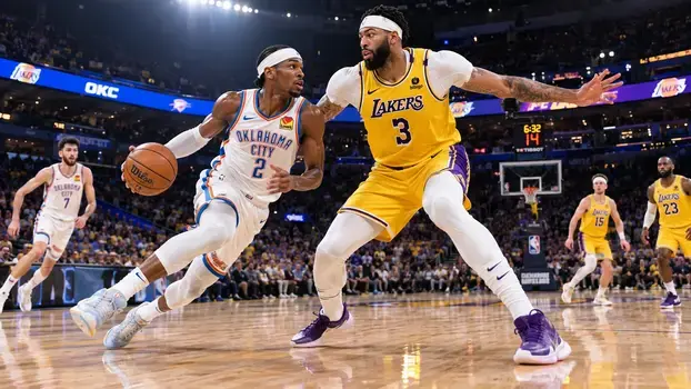 Oklahoma City Thunder player driving toward the basket against a Los Angeles Lakers defender during an intense NBA basketball game
