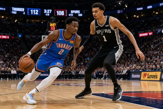 Shai Gilgeous-Alexander in OKC Thunder blue jersey driving past Victor Wembanyama in black Spurs jersey during NBA game
