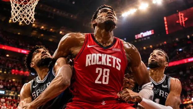 Houston Rockets center battling Spurs players for a rebound under the basket during an intense NBA game