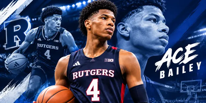 Ace Bailey basketball player in Rutgers jersey holding a basketball