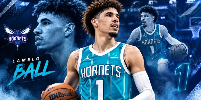 LaMelo Ball in Charlotte Hornets jersey holding a basketball