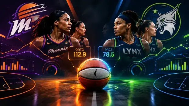 Phoenix Mercury vs Minnesota Lynx basketball sports analytics comparison with team colors, statistics, charts, and basketball