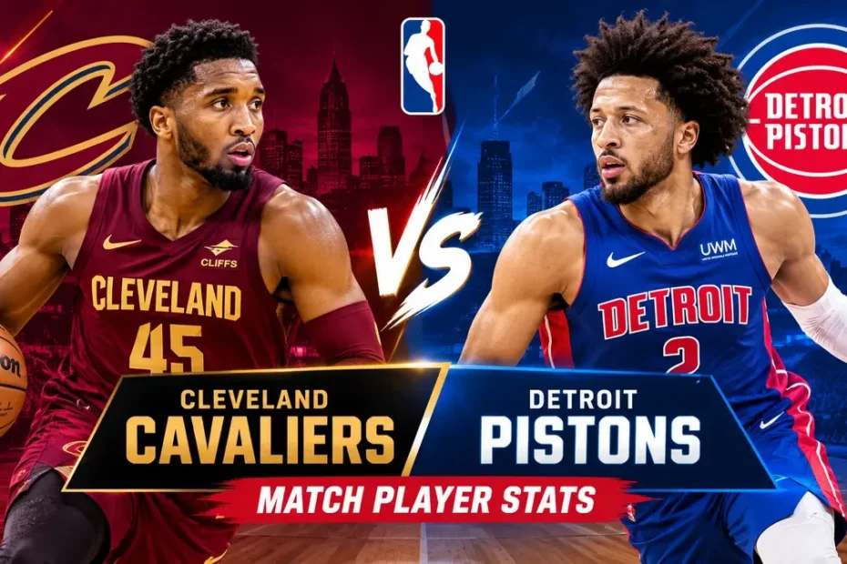 Cleveland Cavaliers vs Detroit Pistons match player stats featuring NBA players in team uniforms.