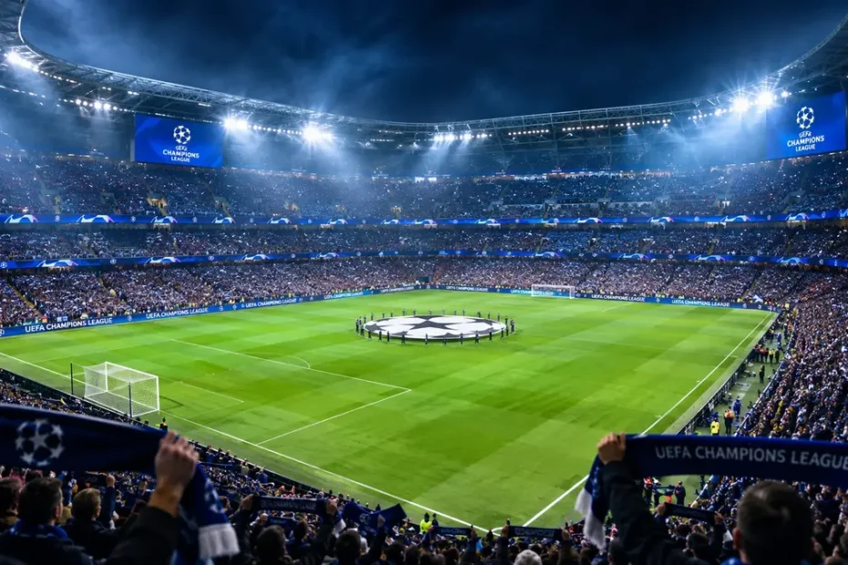 UEFA Champions League stadium packed with fans at night