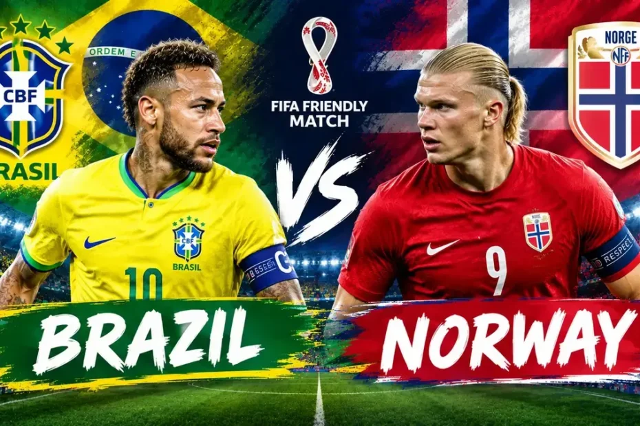 Brazil vs Norway football match poster featuring Brazil in a yellow jersey and Norway in a red jersey.