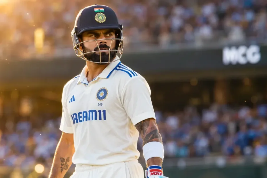 Virat Kohli in Indian Test cricket whites standing at the crease at the MCG during golden hour