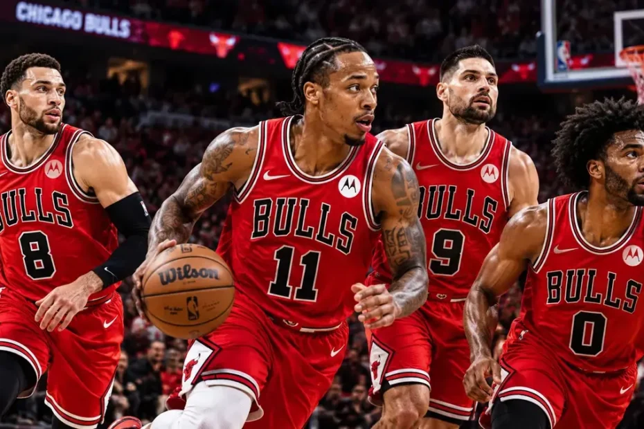 Chicago Bulls players in red jerseys during a basketball game