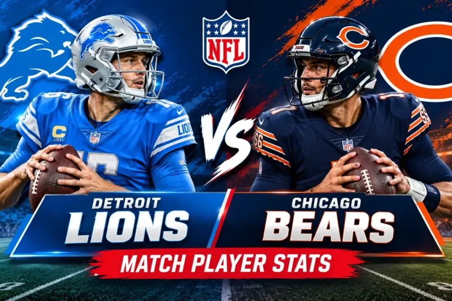 Detroit Lions vs Chicago Bears Match Player Stats featuring both NFL teams in a head-to-head football matchup graphic.