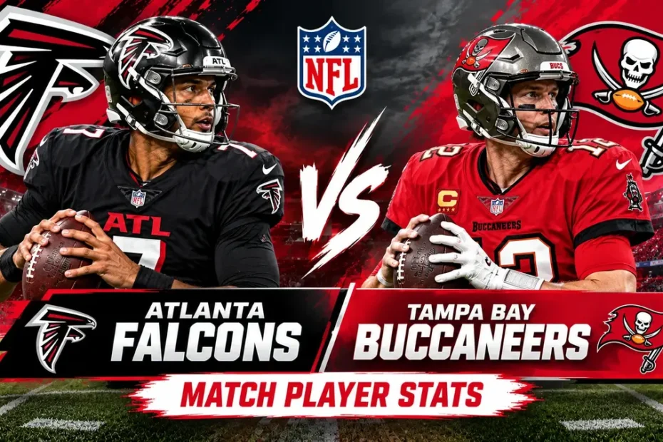 Atlanta Falcons vs Tampa Bay Buccaneers Match Player Stats featuring both NFL teams and players in a football matchup graphic.