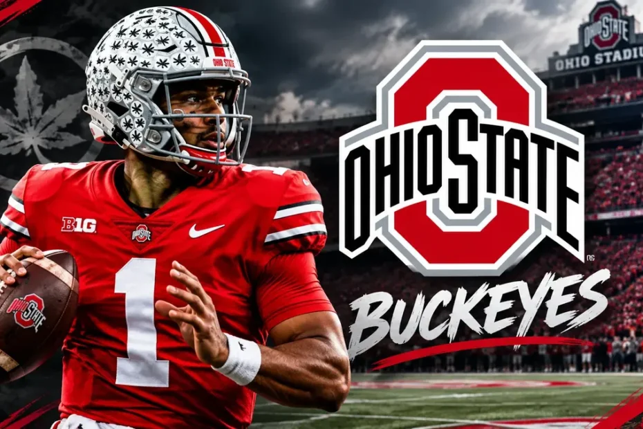 Ohio State Buckeyes football player in scarlet uniform at Ohio Stadium