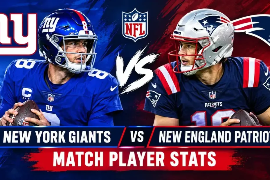 New York Giants vs New England Patriots match player stats featuring NFL players in blue and navy football uniforms.