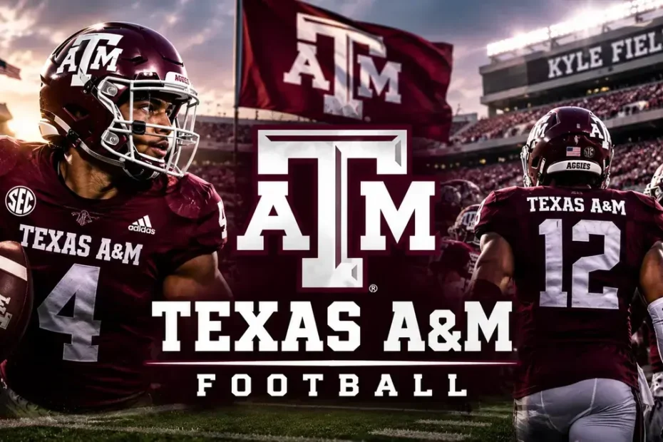 Texas A&M Football players in maroon uniforms at Kyle Field