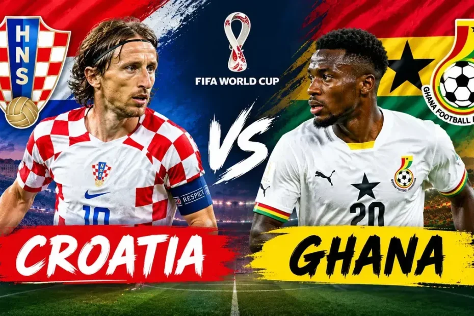 Croatia vs Ghana football match featuring players in Croatia’s checkered jersey and Ghana’s white national team kit.