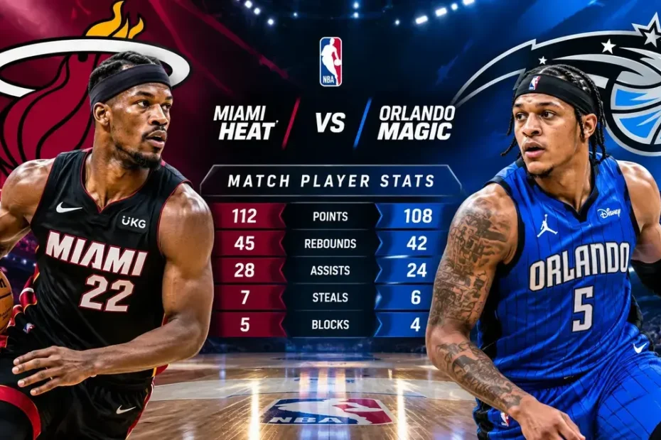 Miami Heat vs Orlando Magic match player stats comparison featuring basketball players and team statistics.