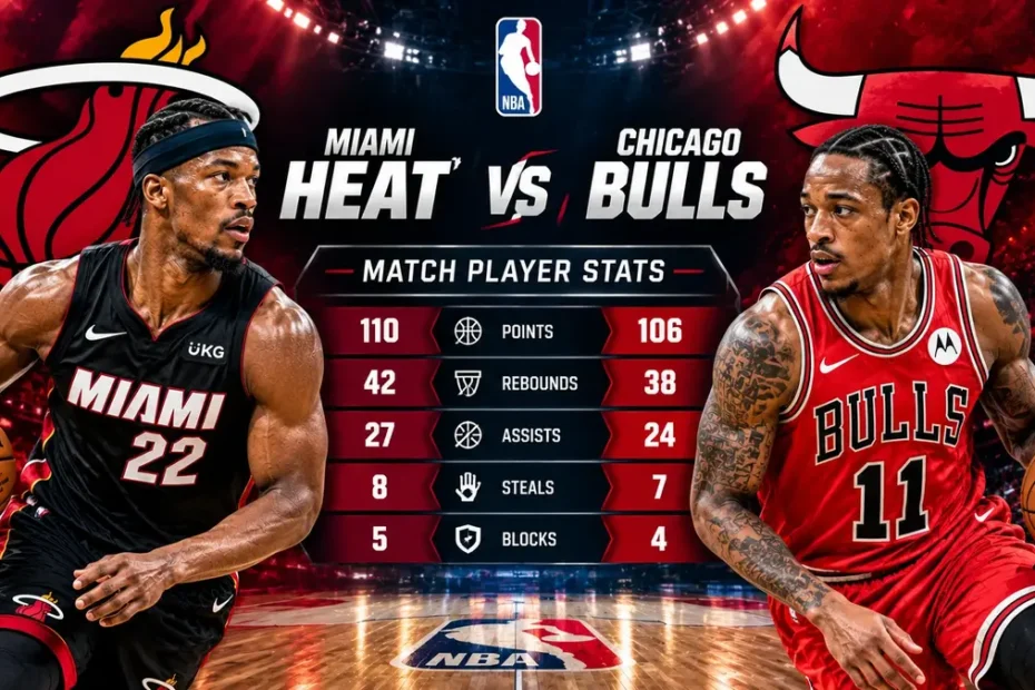 Miami Heat vs Chicago Bulls match player stats comparison graphic featuring basketball players and team statistics.
