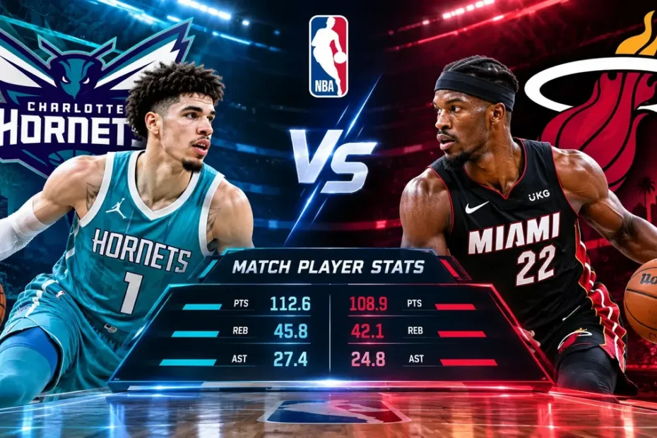 Charlotte Hornets vs Miami Heat match player stats featuring basketball players and team statistics.