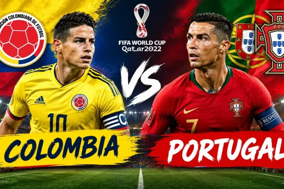 Colombia vs Portugal football match poster featuring players in Colombia’s yellow jersey and Portugal’s red jersey.