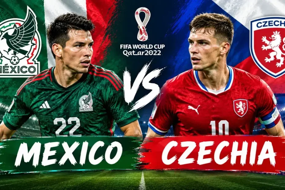 Mexico vs Czechia football match poster featuring players in Mexico’s green jersey and Czechia’s red jersey.
