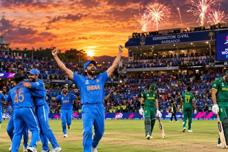 India players celebrating against South Africa during the T20 World Cup Final at Kensington Oval in Barbados