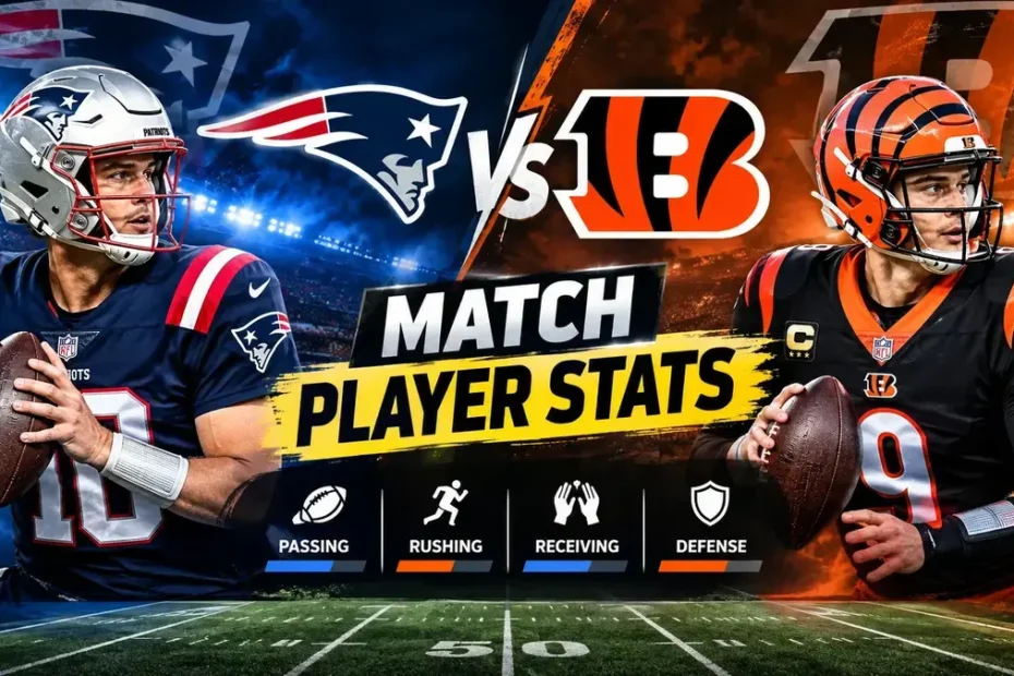 New England Patriots vs Bengals match player stats featuring football players and stadium matchup graphics