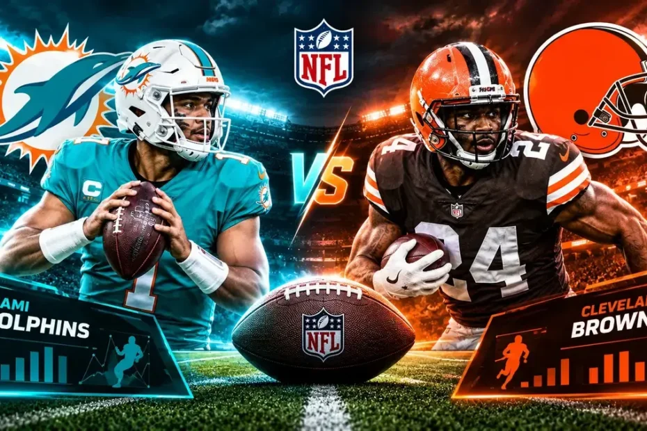 Miami Dolphins vs Cleveland Browns match player stats featuring NFL players, team helmets, and football stadium graphics.