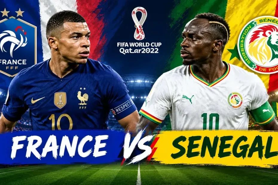 France vs Senegal football match poster featuring France in a navy blue jersey and Senegal in a white jersey.