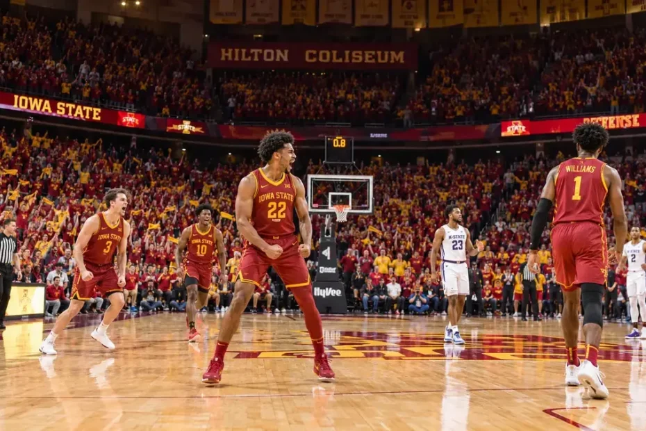 Iowa State basketball players celebrating during a college basketball game at Hilton Coliseum
